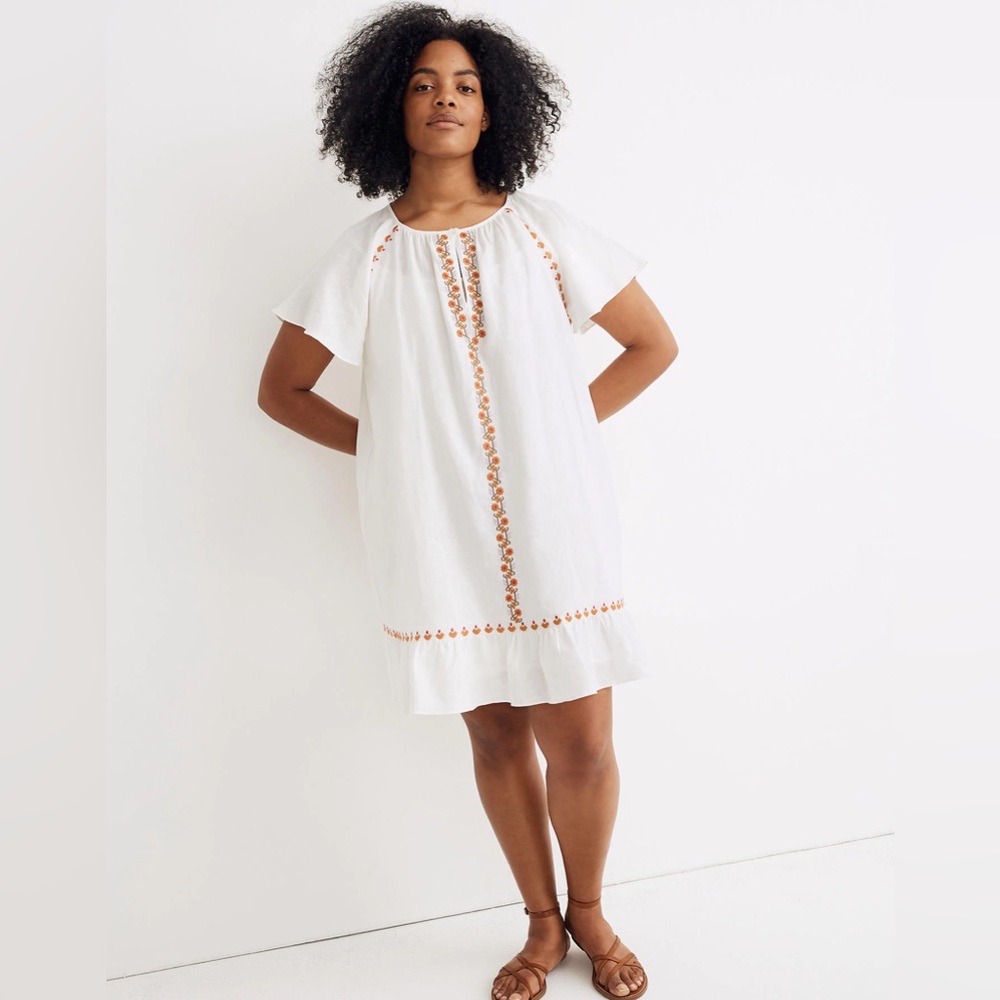 Madewell Embroidered Linen-blend Raglan Ruffle Mini Dress